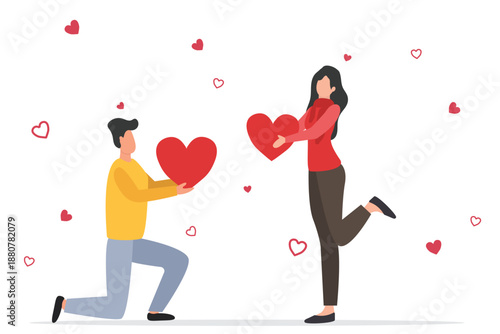 Cheerful couple sharing hearts. Valentine's day love sharing, romantic characters giving hearts to each other flat vector illustration