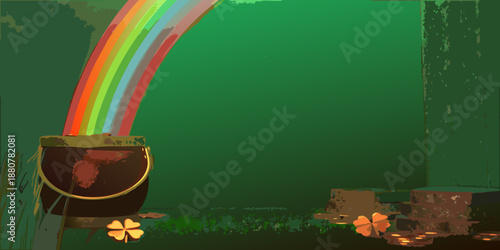 A vibrant rainbow arches over a pot of gold and clover