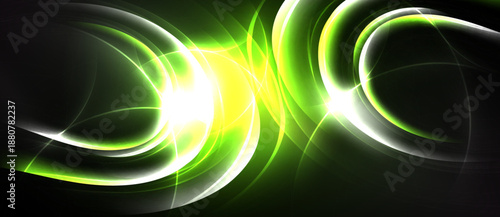 Abstract design features vibrant green, yellow swirls against dark background. Dynamic curves create energetic visual impact.