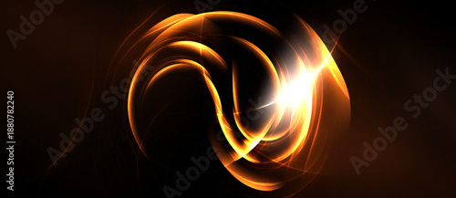 Bright orange energy swirls, luminous center radiates intense light. Dark background emphasizes glowing abstract form.