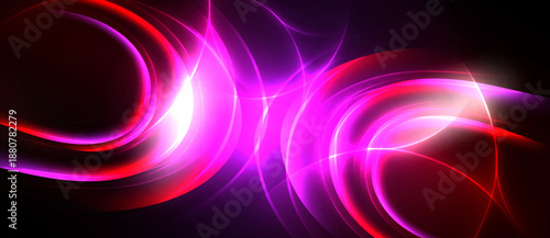 Abstract vibrant swirls, flowing lines. Pink, purple, red hues dominate dark background. Dynamic energy radiates from center.