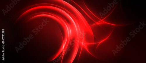Abstract red lines swirl against dark background. Dynamic energy radiates from glowing curves, creating dramatic visual impact.