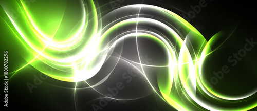 Bright neon lines swirl, creating abstract energy flow. Vivid green, white illuminate dark background. Dynamic, modern design.