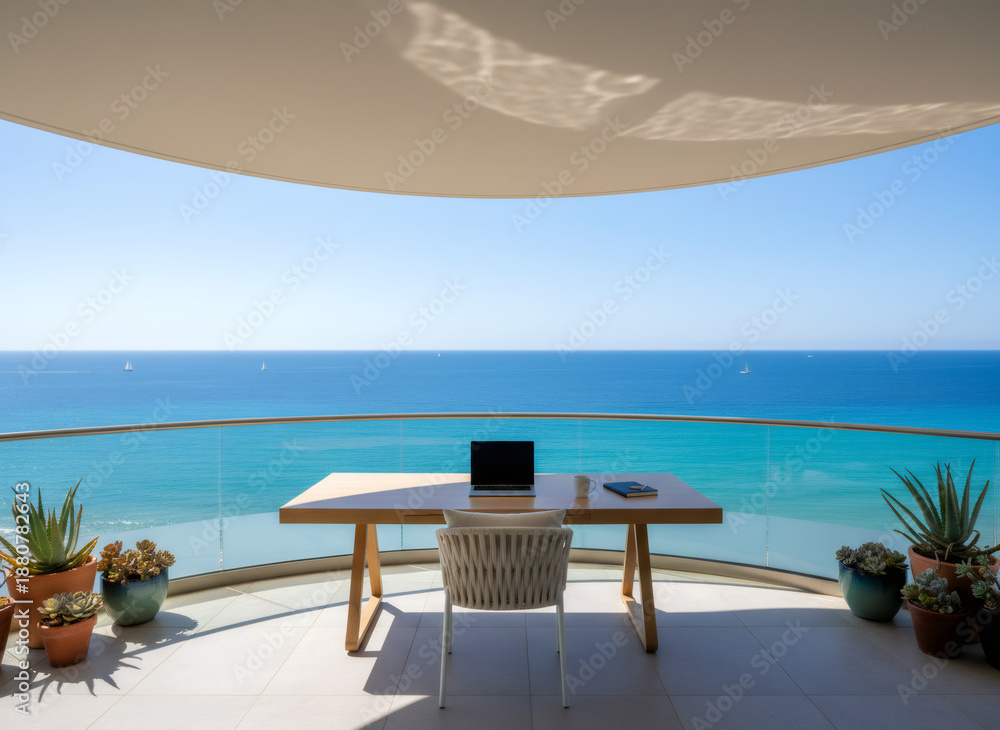 Fototapeta premium Laptop and notebook on a table on an outdoor balcony overlooking the ocean. Remote work setup for a digital nomad lifestyle.