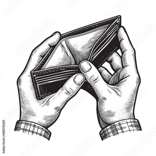 hand on empty wallet	in Detailed Engraving Style Black and White 