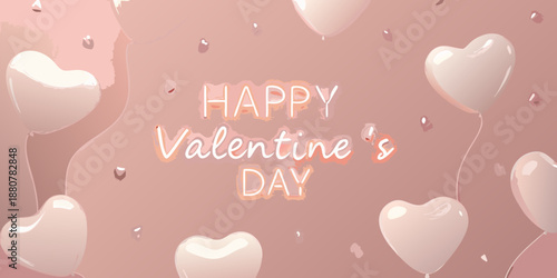 Floating hearts and a happy valentine s day message on a pink background