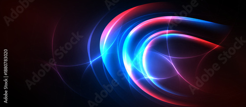 Abstract light curves radiate from darkness. Vivid blues, reds create dynamic energy, flowing shapes. Minimalist design, modern aesthetic.