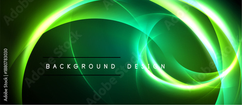 Abstract green neon lights form swirling shapes. Dark background enhances luminous curves, creating dynamic visual effect. Text reads background design.