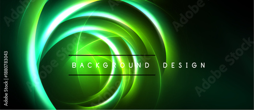 Dark backdrop features vibrant green swirling light patterns. Concentric circles create dynamic visual effect. Text reads background design.