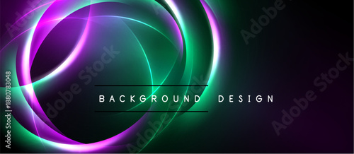 Abstract neon circles over dark background. Vibrant purple, green hues create dynamic visual effect. Modern design element.