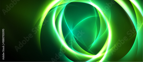 Abstract green swirls create luminous circular design. Dark background emphasizes bright energy, flowing shapes. Modern digital art.