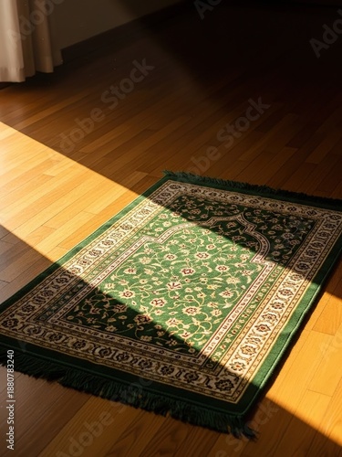 Green prayer mat on wooden floor in sunlight