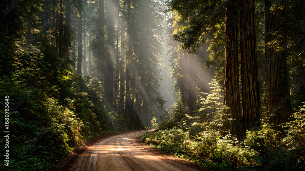 Obraz premium 4K Sunlit forest road winding through majestic redwood trees with beams of light piercing through the canopy, serene nature scene image