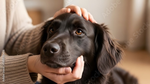 Wallpaper Mural Head and shoulder close up of a beautiful dark brown or black flat coated retriever dog receiving gentle pats and strokes on its head and muzzle from a person wearing a beige knitted sweater indoors Torontodigital.ca