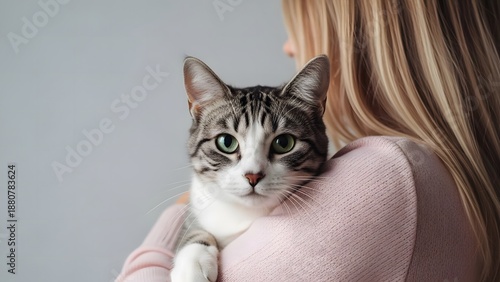 Wallpaper Mural Woman holding a cat over her shoulder, a striped tabby cat with green eyes looking directly at camera, showing close bond between pet and owner in a warm indoor setting with soft lighting Torontodigital.ca