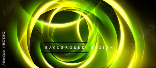 Abstract neon swirls, vibrant green yellow hues. Dynamic composition, modern design elements, dark background. Text reads background design.