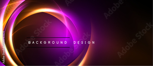 Abstract design features vibrant orange, purple glows. Dark background creates dramatic effect. Text reads background design.