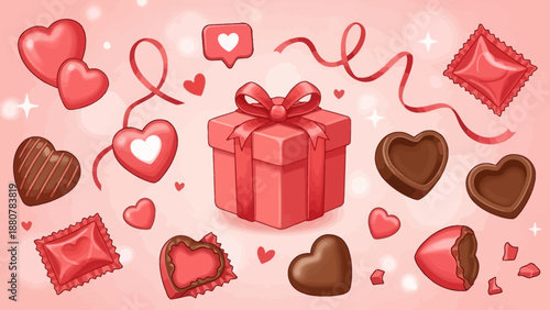 Valentine's Day Gift Box with Heart Chocolates and Ribbons - Romantic Celebration