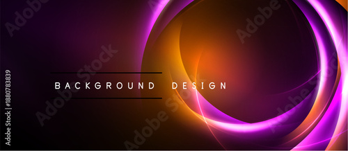 Abstract design features vibrant orange, purple glows. Smooth curves create dynamic visual impact against dark backdrop. Modern, elegant.