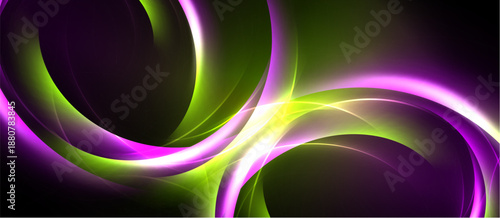 Abstract swirls, vibrant colors blend. Purple, green, yellow create dynamic flow. Smooth curves suggest energy, movement. Dark background emphasizes luminosity.