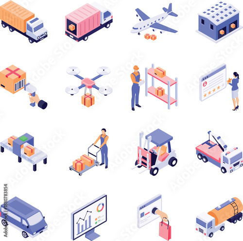 Collection of Logistics and Retail Isometric Style Icons 