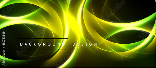 Abstract yellow, green swirls. Dynamic lines create flowing energy. Modern design with dark background. Text reads background design.