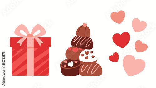 Valentine's Day Gift Box, Chocolate Pralines Stack, and Heart Shapes
