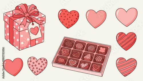 Valentine's Day Gift Box, Chocolates, and Hearts Illustration