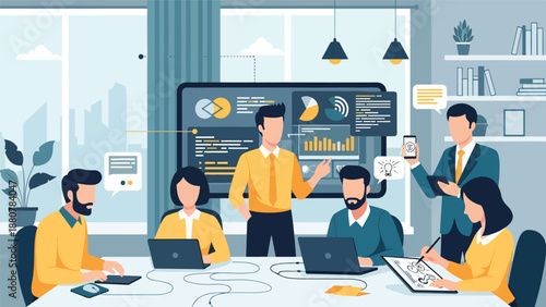 Modern business team collaborates in an office meeting, analyzing data visualizations on a large screen for strategic planning and financial insights.