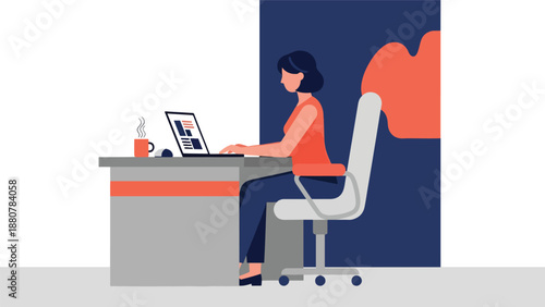 Dedicated professional woman working on a laptop at a modern office desk, focused on business tasks, online communication, and digital productivity.