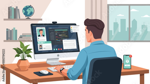 Man working on computer at home office, video call on screen, modern workspace with plants and city view