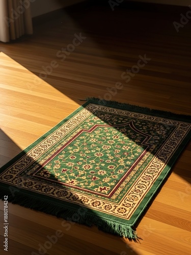 Green prayer mat on wooden floor with sunlight