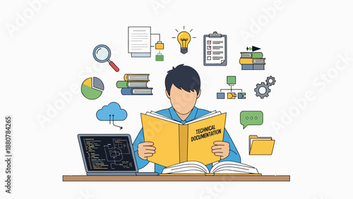 Student reading technical documentation surrounded by learning and technology icons, symbolizing education and knowledge acquisition.