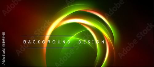 Abstract neon circles overlap, creating vibrant green, orange glow. Dark background emphasizes luminous design elements. Modern visual.