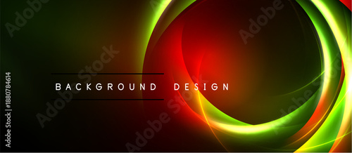 Abstract neon lights create dynamic circular shapes. Vivid colors blend, forming modern background design. Smooth gradients enhance visual impact.