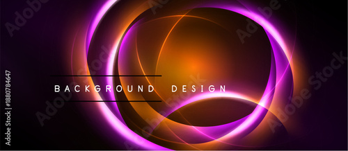 Abstract design features vibrant concentric circles. Orange, purple hues blend against dark backdrop. Text reads background design.