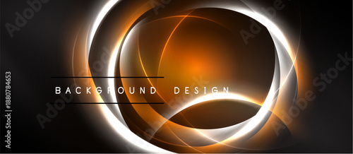 Abstract design features glowing orange circles, white lines on dark background. Modern, dynamic composition creates visual impact.