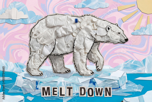 Creative collage showing polar bear silhouette filled with plastic bottle waste standing on melting ice floe under hot sun with text melt down symbolizing global warming crisis.