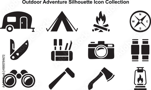 A comprehensive collection of outdoor adventure and camping silhouette icons on a white background