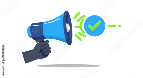 verified marketing success announcement with a blue megaphone held by a hand signaling approval for business promotion and communication