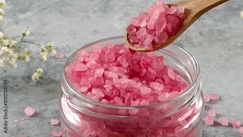 Pink salt in a jar with wooden spoon and flowers arranged on a gray surface in a kitchen setup