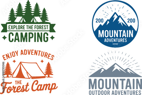 A set of four vibrant logos representing outdoor camping and mountain adventure themes with tents and trees