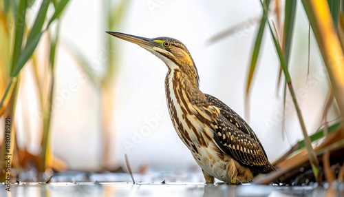 A camouflaged bittern stands in shallow water, surrounded by reeds, in soft light