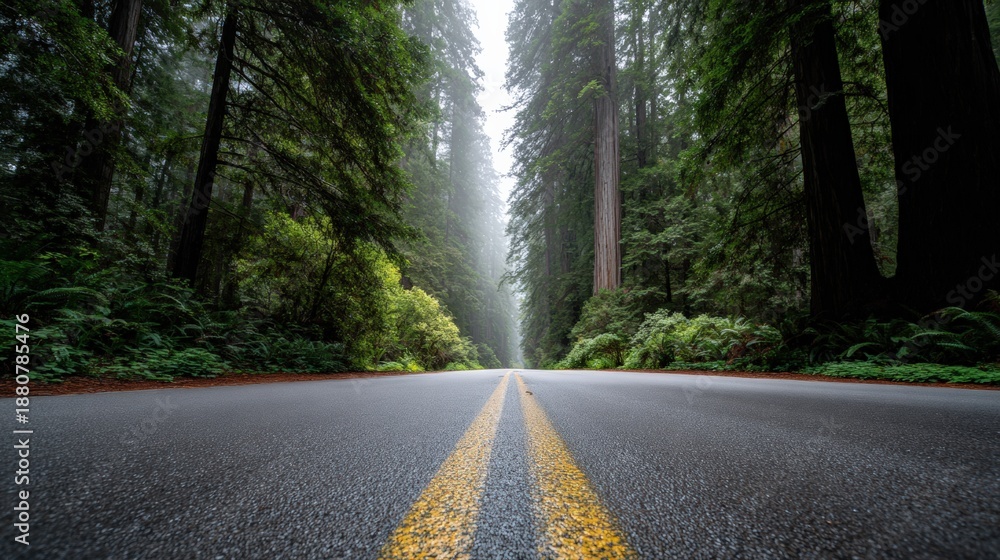 Fototapeta premium Misty redwood forest road with towering trees and yellow center line