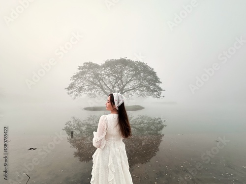 A beautiful young lady overlooking a foggy lake and lonely tree that standing in center