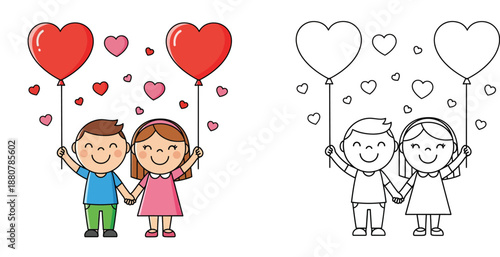 Cute boy and girl holding hands and heart balloons with coloring page outline vector illustration