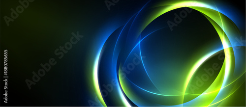 Abstract design features glowing circular layers. Green, blue hues dominate dark background. Modern, dynamic visual composition.