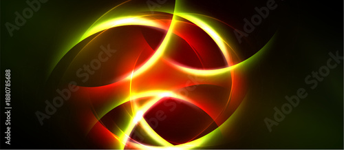 Abstract design features vibrant glowing lines, curves, shapes against dark background. Red, orange, yellow hues dominate composition.