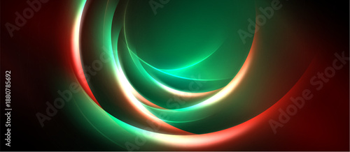 Abstract design features layered glowing circles. Red, green, white hues blend into dark background. Smooth curves create dynamic visual effect.