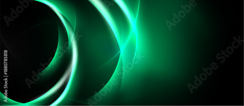 Abstract design features flowing green lines, curves, dark background. Bright highlights create dynamic visual effect. Modern, sleek aesthetic.